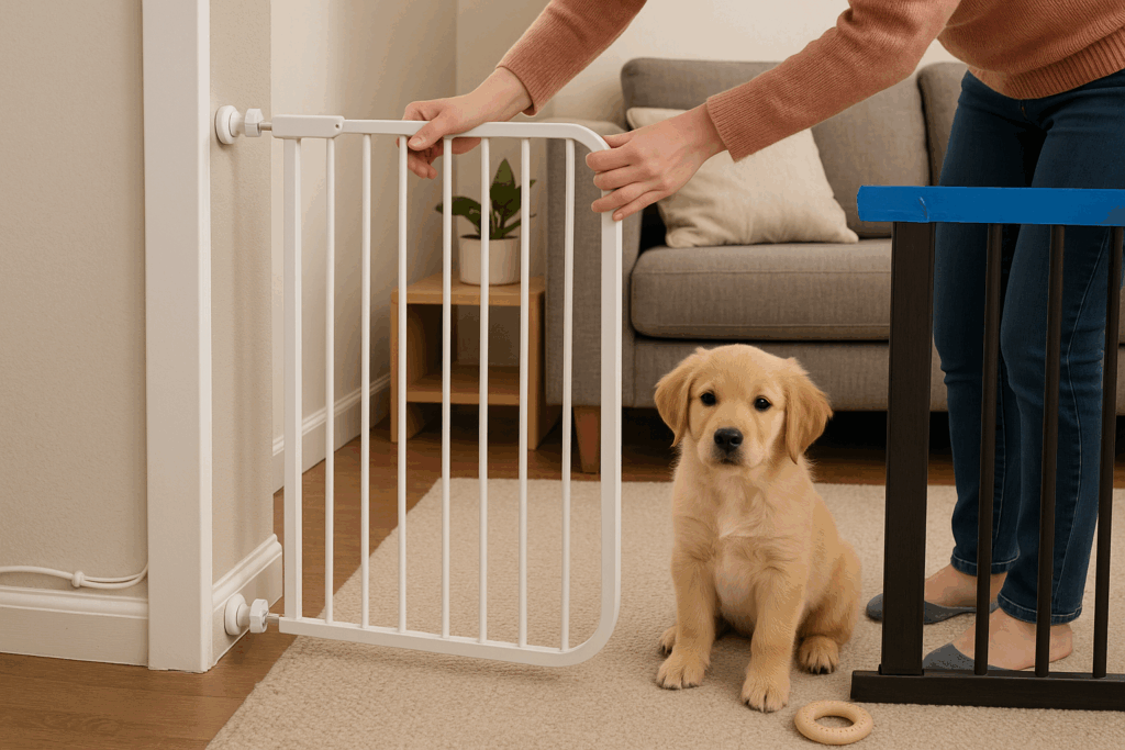A golden retriever puppy sits patiently on a beige rug as a woman is installing a white dog gate in the doorway.