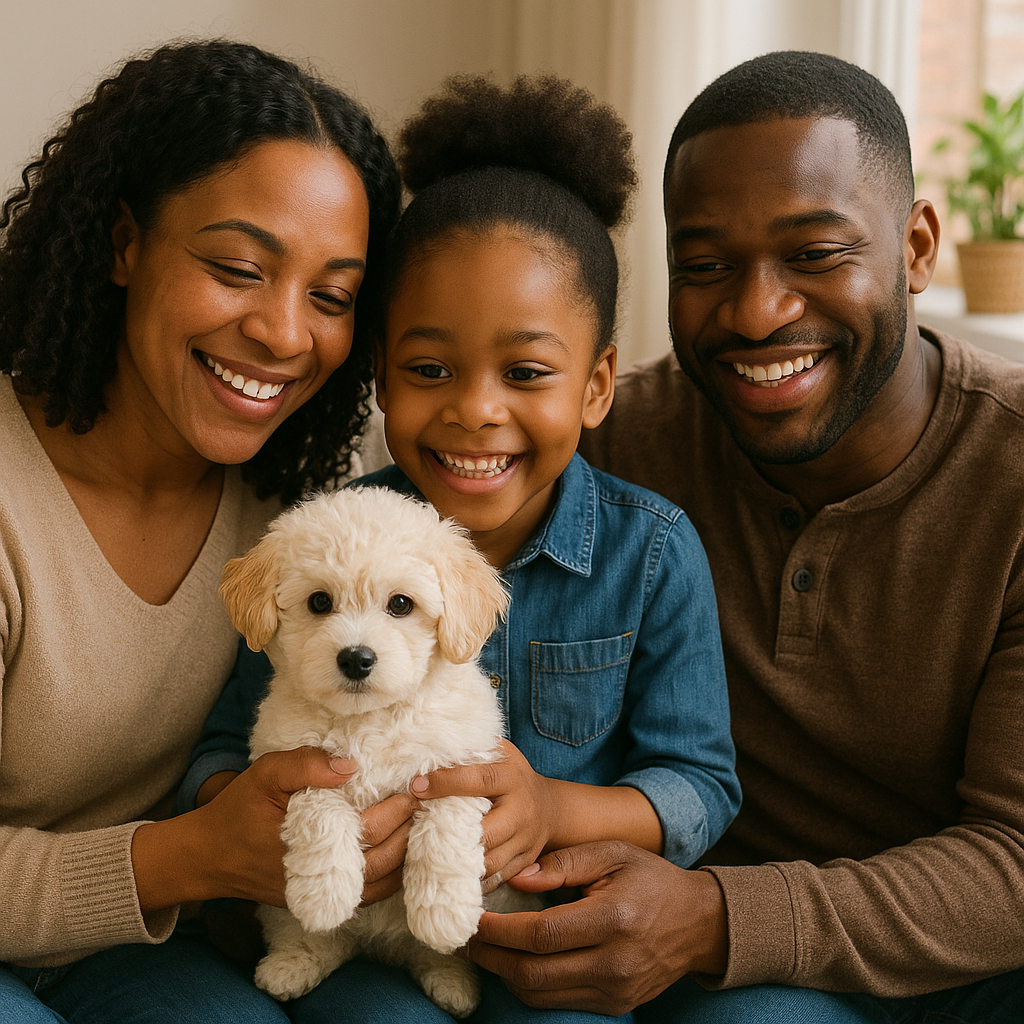 A joyful family, consisting of a mother, father and a young daughter, smiling as they hold a small, fluffy cream-colored puppy.