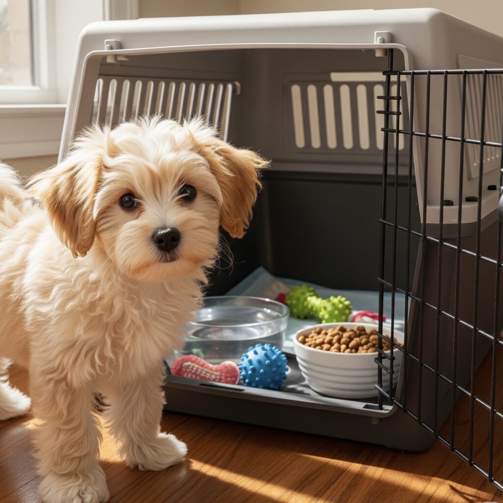 Cute fluffy cream-colored puppy with floppy ears, looking directly at viewer. Behind the puppy is an open light grey crate. inside the crate are water bowl, a bowl of kibble, and several colorful dog toys on a blue and white patterned mat. Sunlight stream in from a window in the background.