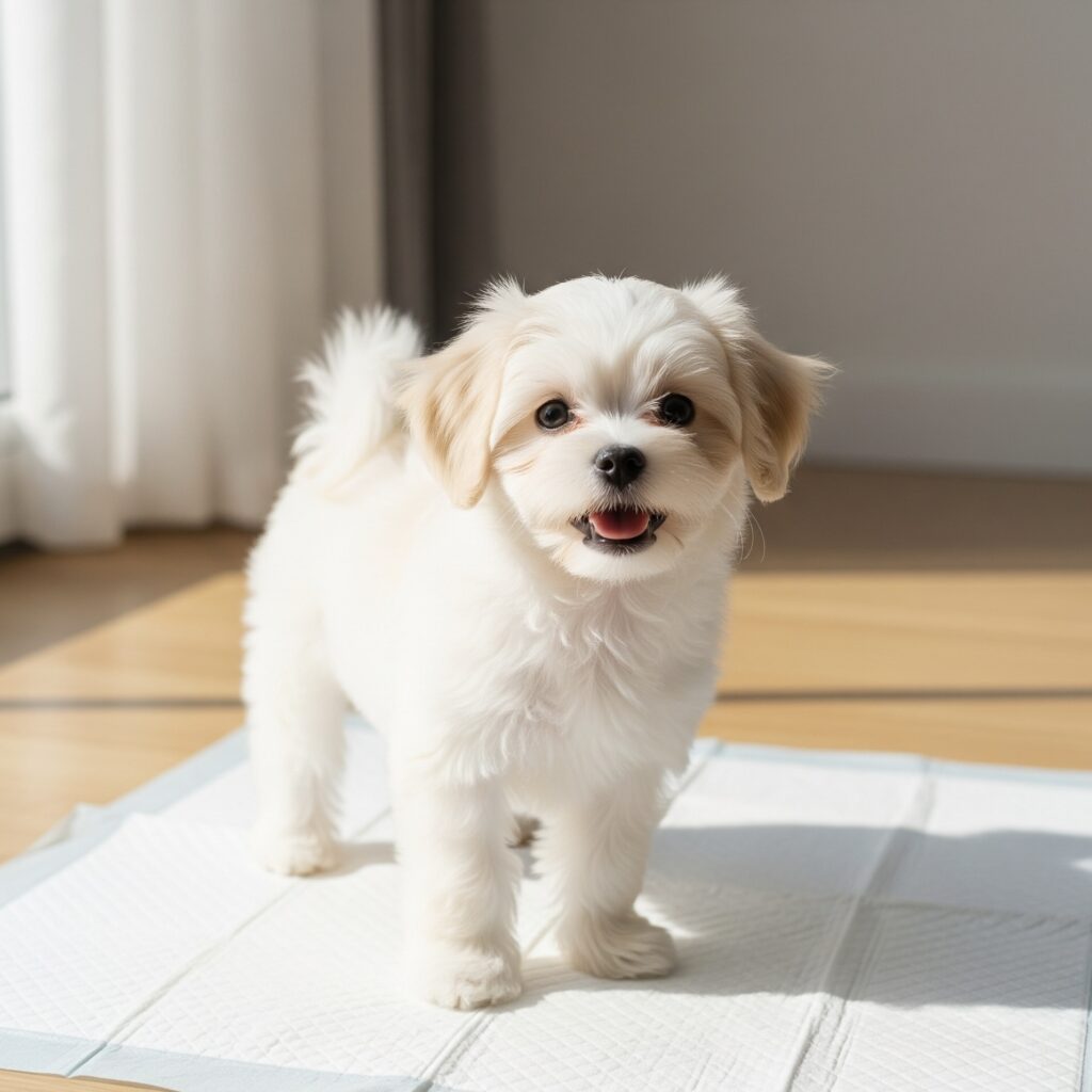 A small, fluffy white puppy with light brown ears stands on a white training pad, looking directly at the viewer with its mouth open. Sunlight streams into the room, illuminating the puppy.