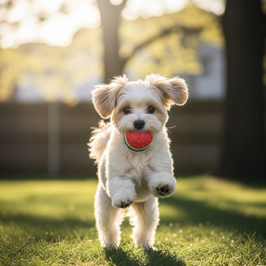 A fluffy white dog at home outside in the backyard joyfully leaps through a grassy yard, carry a red ball in its mouth.