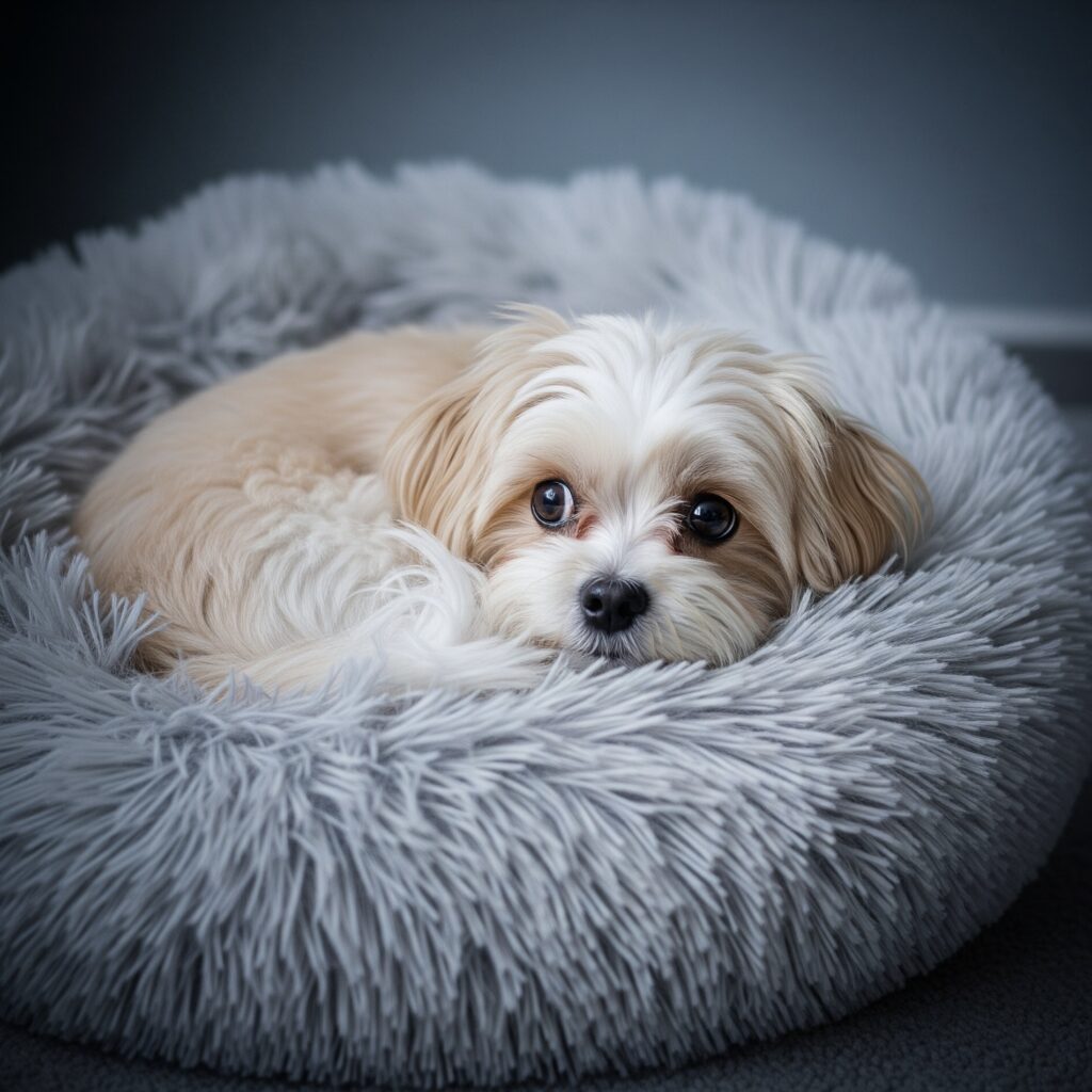 A small, light brown and white dog with big dark eyes looking scared is curled up in a round, fluffy grey dog bed looking directly at the viewer.