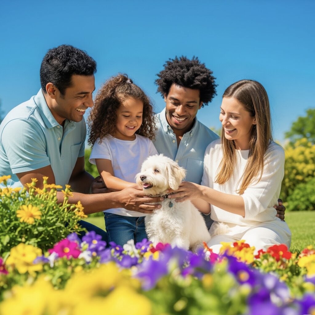 A happy family outside, consisting of a man, a woman, and a young girl, kneels next to a vibrant flower bed to pet a small white fluffy dog.