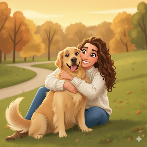 Happy woman bonding with a tan dog with happy face and wagging tail.