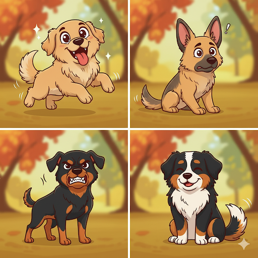 Dog body language Images of four dogs, soft eyes, relaxed ears, playful movements aggression and warning signals