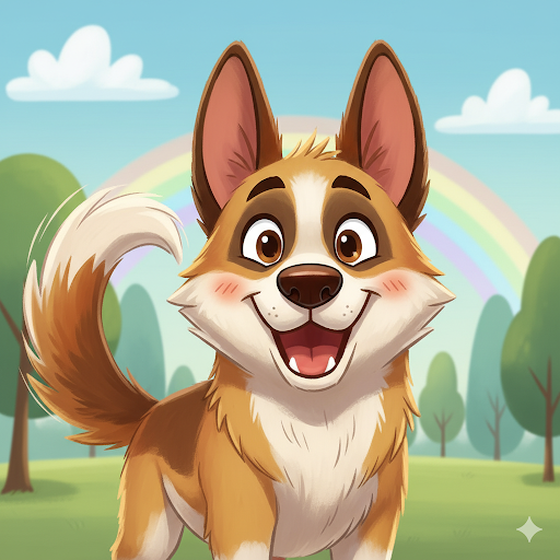 Dog body language of a Happy brown, white and tan puppy with wagging tail and pointy ears.