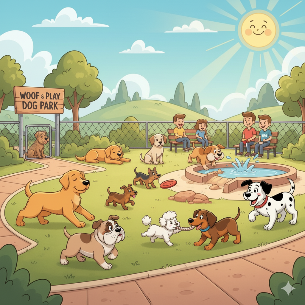 Dogs at a park on a sunny day. Dog body language happy, playful, chasing each other .