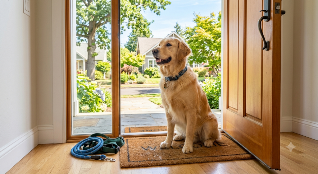 Dog waiting for his owner to do the 7 second rule for dogs so he can go outside for a walk.